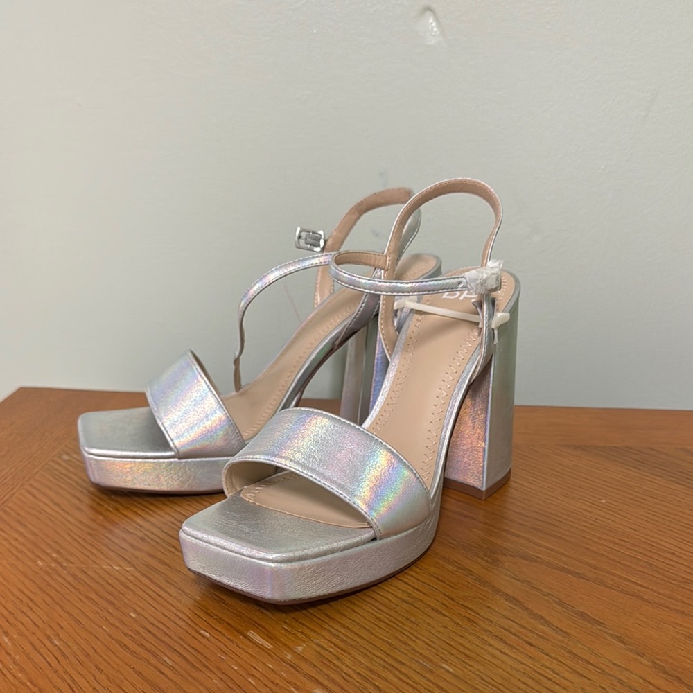 BP Silver Chunky Platform Heels with Ankle Strap